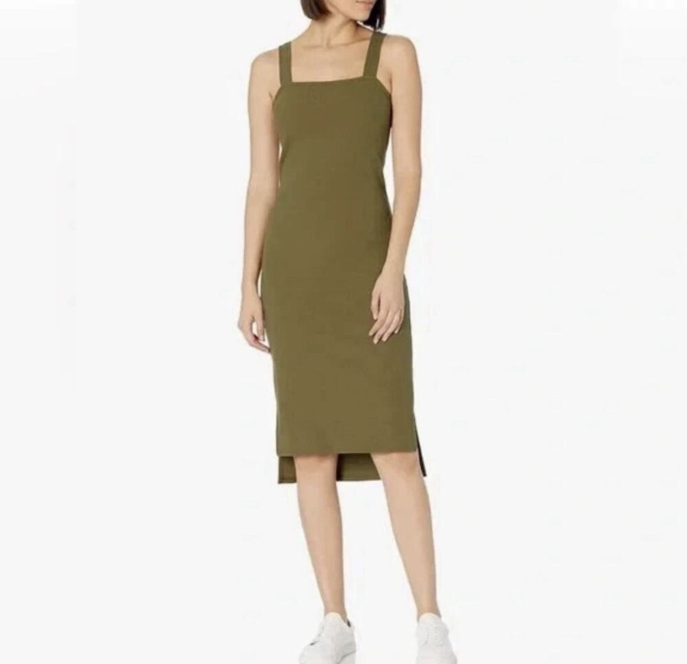 The Drop Olive Green AMELIA Bodycon Midi Dress Size L Sleeveless Rib Knit Casual